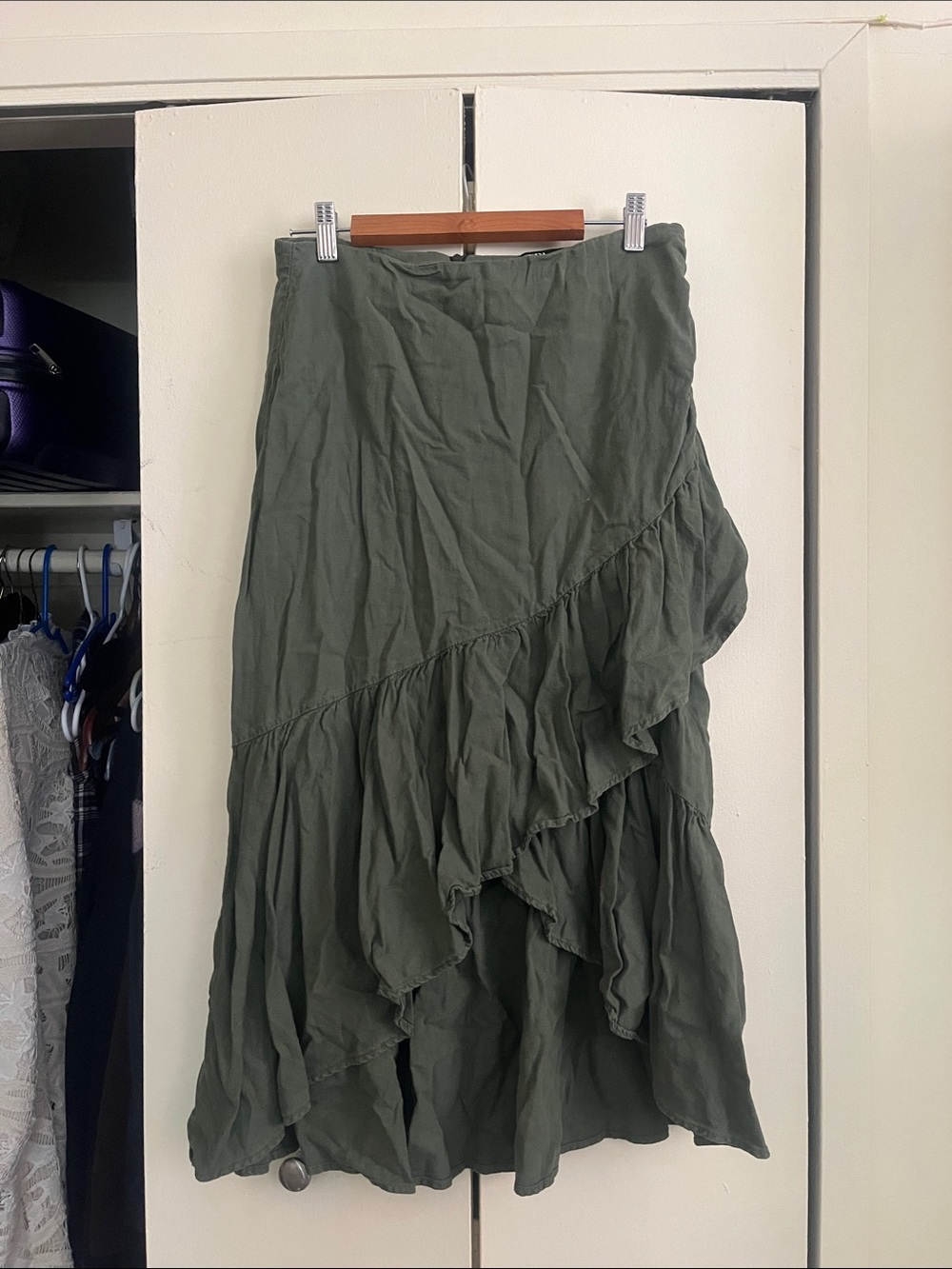 Zara Olive Green Asymmetric Ruffle Midi Skirt